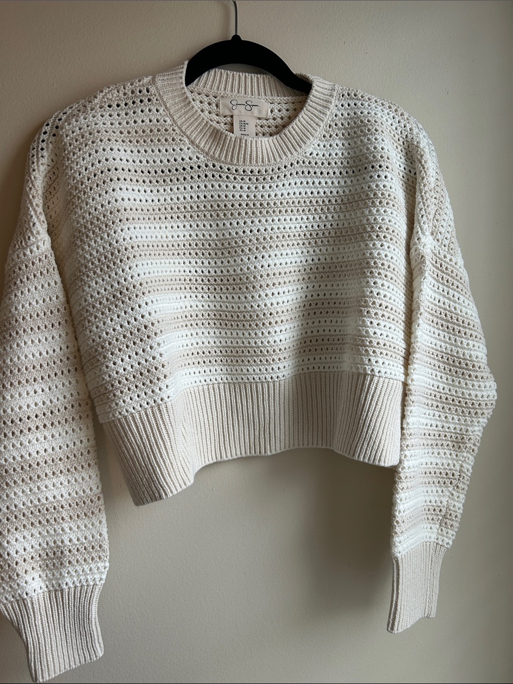 Jessica Simpson Cream Open-Weave Cropped Crewneck Sweater